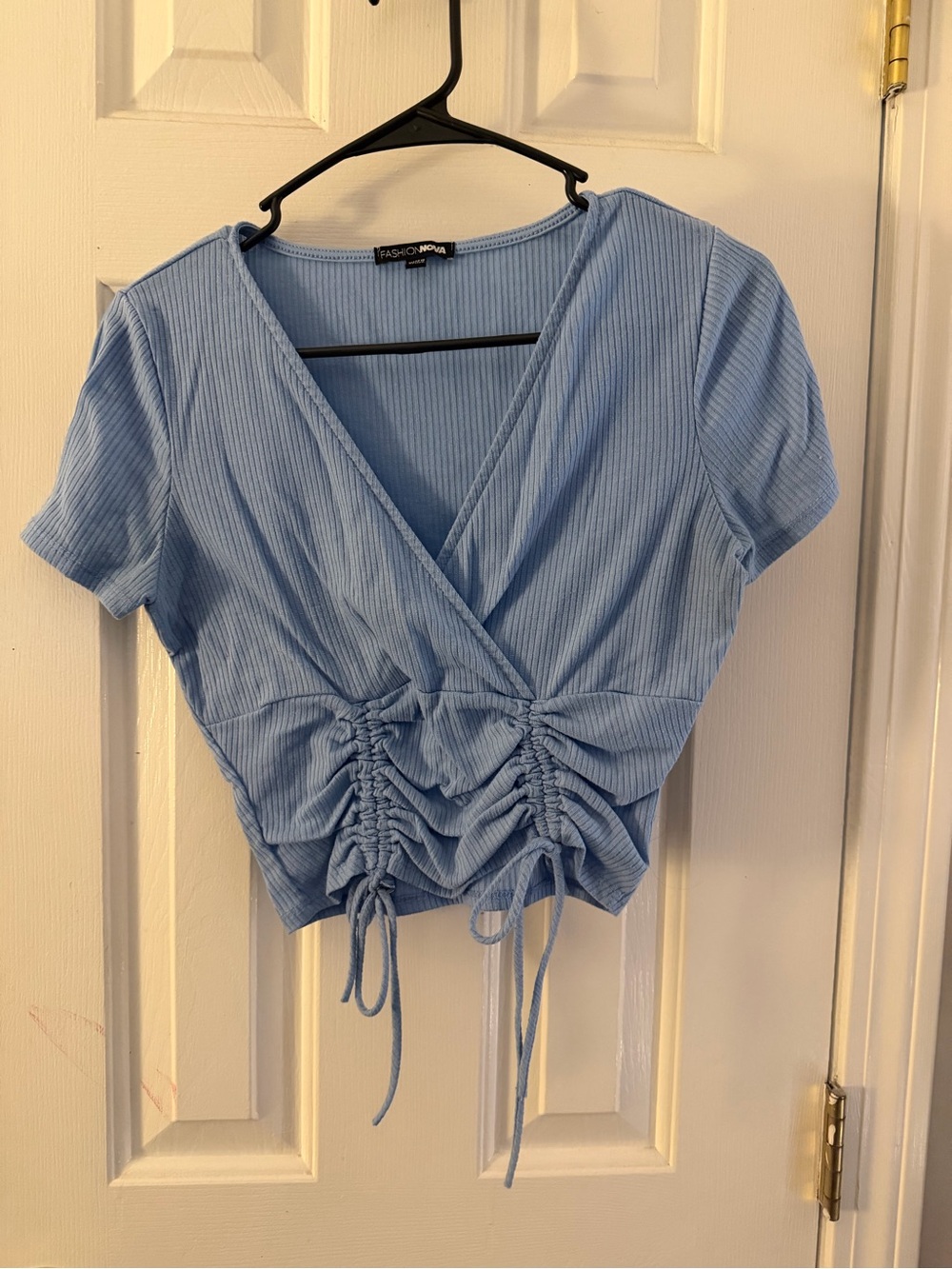 Fashion Nova Sky Blue Drawstring Ribbed Wrap Crop Top